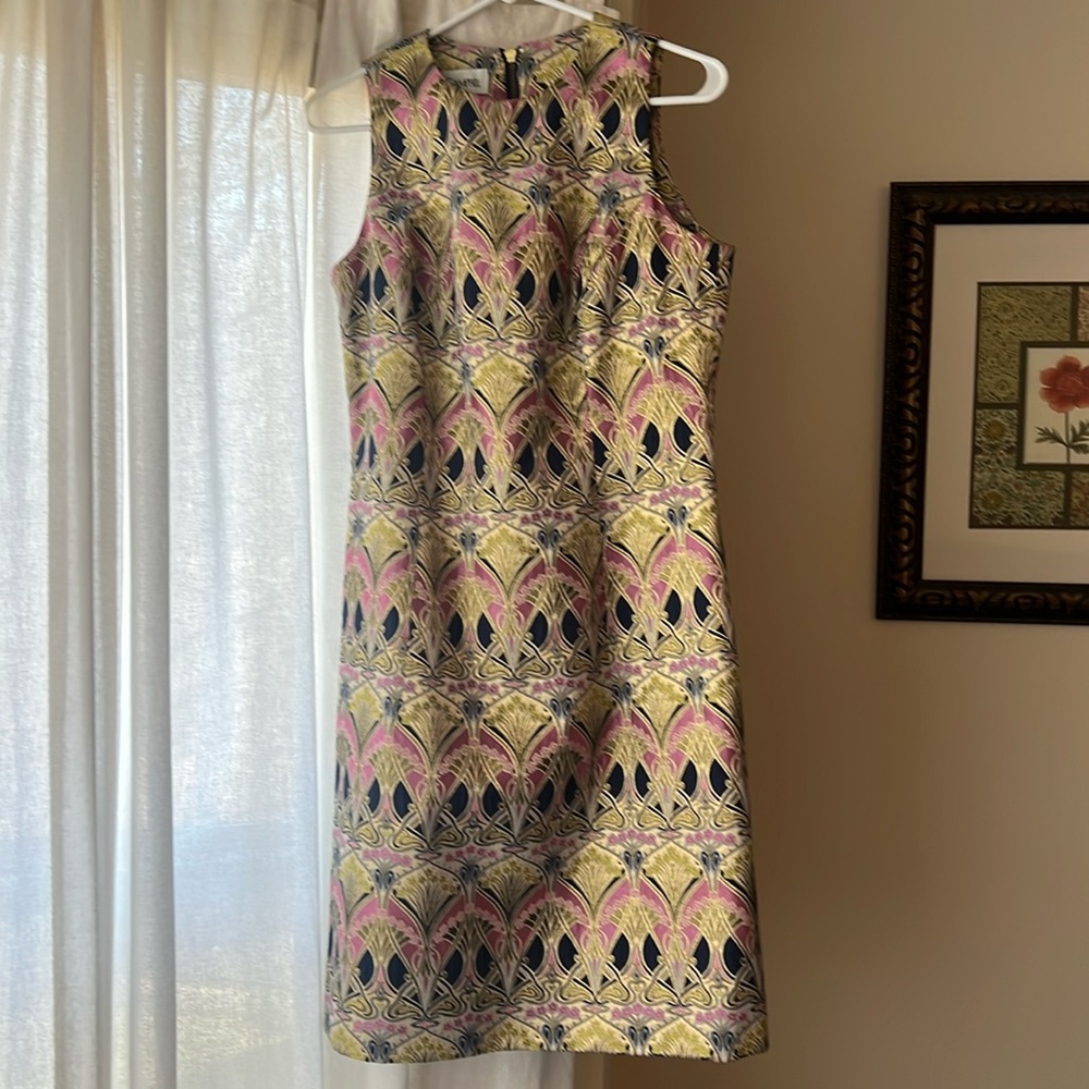 Sara Campbell brocade dress navy pink and gold.